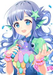 Rule 34 | 1girl, :d, asari nanami, blue eyes, blue hair, bubble, fingernails, fins, fish, hair ornament, hair rings, hands up, head fins, highres, holding, holding microphone, idolmaster, idolmaster cinderella girls, long hair, looking at viewer, microphone, mugi (user khzh5853), open mouth, puffy short sleeves, puffy sleeves, round teeth, seashell, shell, short sleeves, simple background, smile, solo, star (symbol), star hair ornament, teeth, upper body, wavy hair, white background