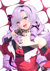 Rule 34 | 1girl, bare shoulders, black gloves, blush, breasts, cleavage, daive, dress, drill hair, gloves, highres, hyakumantenbara salome, hyakumantenbara salome (1st costume), large breasts, light purple hair, long hair, looking at viewer, nijisanji, off-shoulder dress, off shoulder, ojou-sama pose, parted bangs, purple eyes, red dress, smile, solo, virtual youtuber