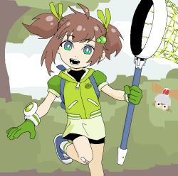 Rule 34 | 1girl, adhesive bandage, ahoge, alternate costume, alternate hairstyle, band aid, bandages, blue eyes, blue footwear, brown hair, bush, cerebro (artist), child, cosplay, crossover, dirt, full body, gloves, green eyes, green gloves, green shirt, indie virtual youtuber, lily hopkins, looking at viewer, lower teeth only, monkey, net, one leg raised, open mouth, pipo monkey, pixel art, puffy short sleeves, puffy sleeves, saru getchu, sayaka (saru getchu), shirt, shoes, short sleeves, simple background, skirt, sky, sneakers, teeth, tree, twintails, upper teeth only, virtual youtuber, watch, wristband, wristwatch, zipper, zipper pull tab