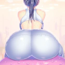 Rule 34 | 1girl, a.x., absurdres, ass, ass focus, ball, bare shoulders, black hair, exercise ball, facing away, from behind, has bad revision, has downscaled revision, highres, huge ass, long hair, maki oze, md5 mismatch, original, pants, ponytail, resolution mismatch, shiny clothes, shiny skin, sitting, solo, source smaller, sports bra, sweat, tight clothes, tight pants, yoga pants