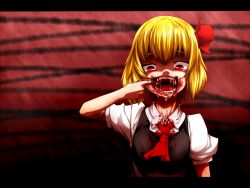 Rule 34 | 1girl, blonde hair, blood, bow, darkness, fangs, female focus, finger in own mouth, hair bow, hair ribbon, mouth pull, open mouth, red eyes, ribbon, rumia, short hair, short sleeves, solo, touhou, yuuki (yukigeshou hyouka)