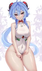 Rule 34 | 1girl, ahoge, ayanami rei, ayanami rei (cosplay), bare arms, bare shoulders, blue hair, bodysuit, breasts, closed mouth, cosplay, covered navel, cowboy shot, expressionless, ganyu (genshin impact), genshin impact, goat horns, hair between eyes, hands on own thighs, highres, hiroside, horns, large breasts, long hair, looking at viewer, low ponytail, neon genesis evangelion, one-piece swimsuit, plugsuit, purple eyes, sidelocks, simple background, skin tight, sleeveless, sleeveless bodysuit, solo, swimsuit, thick thighs, thighs, turtleneck, twitter username, white background, white bodysuit