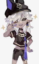 Rule 34 | 1boy, black hat, black shorts, crossover, cyno (genshin impact), dark-skinned male, dark skin, earrings, eatsthgood, fangs, genshin impact, grey background, hair between eyes, hand on own hip, hat, jewelry, long hair, looking at viewer, male focus, nintendo, octoling, octoling boy, octoling player character, one eye closed, open mouth, short sleeves, shorts, simple background, solo, sparkle, splatoon (series), tentacle hair, v, v over eye