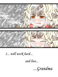 Rule 34 | 1girl, arknights, blonde hair, brick wall, closed eyes, closed mouth, crying, crying with eyes open, english text, eyebrows hidden by hair, grey hair, guin guin, little match girl, long hair, matches, multicolored hair, parted lips, smoke, snowing, snowsant (arknights), tears, two-tone hair, wavy mouth