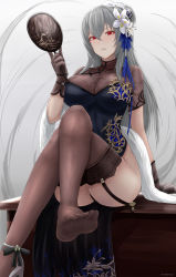 Rule 34 | 1girl, absurdres, archstreal, azur lane, barefoot, black dress, breasts, brown gloves, brown legwear, china dress, chinese clothes, cleavage, crossed legs, dress, feather boa, feet, flower, foot focus, from below, garter straps, gloves, grey hair, hair between eyes, hair flower, hair ornament, hand fan, highres, holding, holding fan, large breasts, long hair, looking at viewer, mole, official alternate costume, red eyes, saint-louis (alluring administrator) (azur lane), saint-louis (azur lane), see-through, see-through cleavage, see-through legwear, short sleeves, soles, solo, white flower