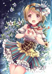 Rule 34 | bow, bracelet, brown hair, corset, crown, detached collar, detached sleeves, flower, heart, heart hands, jewelry, koizumi hanayo, layered skirt, lily (flower), love live!, love live! school idol festival, mini crown, morning glory, niwasane (saneatsu03), open mouth, puffy short sleeves, puffy sleeves, purple eyes, ripples, short sleeves, skirt, smile, solo, striped, striped bow, sunflower, vertical stripes