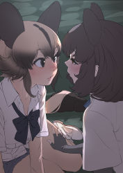 Rule 34 | 2girls, african wild dog (kemono friends), animal ears, bear ears, black eyes, black gloves, black hair, black neckwear, blush, boots, bow, bowtie, brown bear (kemono friends), brown eyes, brown hair, commentary request, dog ears, dog tail, elbow gloves, extra ears, eye contact, fingerless gloves, gloves, gradient hair, hand on another&#039;s thigh, highres, kemono friends, looking at another, multicolored hair, multiple girls, paw stick, shirt, short hair, short shorts, short sleeves, shorts, sitting, tail, takami masahiro, white footwear, white shirt, wing collar, yokozuwari, yuri