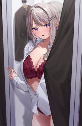 Rule 34 | 1girl, blonde hair, blush, bra, breasts, buttons, chigusa minori, cleavage, clothes hanger, commentary request, corrupted twitter file, cowboy shot, curtain grab, curtains, dress shirt, dressing room, hair ornament, hairclip, highres, lace, lace bra, lace panties, large breasts, long hair, looking at viewer, mirror, open clothes, open shirt, panties, purple eyes, red bra, red panties, reflection, saotome shino (shino to ren), shino to ren, shirt, solo, underwear, unworn shirt, white shirt