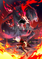 Rule 34 | 1boy, animal, animalia, bandaged arm, bandages, claws, copyright name, diffraction spikes, fire, glowing, glowing eye, hair between eyes, lower teeth only, male focus, misossu, open mouth, oversized animal, pink fire, red eyes, red fire, red shorts, shadow, shorts, smile, standing, teeth, tongue, torn, white footwear, white hair, wolf, yellow eyes