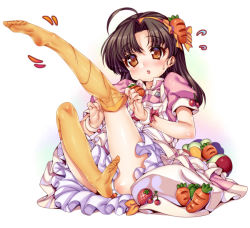 Rule 34 | 1girl, :&lt;, :o, ahoge, blush, brown eyes, brown hair, carrot, cherry, cooking idol ai! mai! main!, dress, feet, food, food-themed clothes, frills, fruit, hairband, hat, hiiragi mine, kink (tortoiseshell), long hair, no shoes, orange thighhighs, panties, pantyshot, sock pull, soles, solo, strawberry, sweatdrop, thighhighs, toes, underwear, white background, white panties, yellow eyes, yellow thighhighs