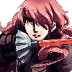Rule 34 | 1girl, atlus, drawfag, gloves, hair over one eye, kirijou mitsuru, long hair, non-web source, persona, persona 3, persona 4: the ultimate in mayonaka arena, portrait, rapier, red eyes, red hair, solo, sword, weapon