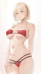 Rule 34 | 1girl, arm behind back, bikini, blonde hair, breasts, closed mouth, covered erect nipples, earrings, hair ribbon, highres, jewelry, light smile, lycoris recoil, medium breasts, navel, nishikigi chisato, one side up, pixiv id, red bikini, red eyes, red ribbon, resolution mismatch, revision, ribbon, rifu (643763873), short hair, simple background, skindentation, smile, solo, source smaller, stomach, strap gap, strap pull, swimsuit, underboob, white background