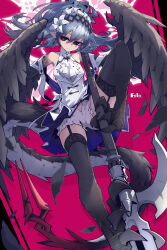 1girl absurdres black_eyes black_thighhighs blue_hair breasts garter_belt garter_straps half-harpy highres holding holding_weapon imazawa long_hair monster_girl original pleated_skirt pointy_ears skindentation skirt small_breasts thighhighs very_long_hair weapon wings