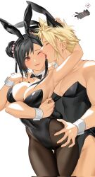 Rule 34 | 1boy, 1girl, animal ears, arm up, armpits, bare shoulders, black bow, black bowtie, black hair, black leotard, blonde hair, blush, bow, bowtie, breasts, cleavage, closed eyes, closed mouth, cloud strife, commentary, couple, cowboy shot, crossdressing, detached collar, double bun, duoj ji, earrings, english commentary, eyelashes, fake animal ears, fangs, final fantasy, final fantasy vii, final fantasy vii remake, hair bun, hair ornament, hand on another&#039;s head, hand on another&#039;s hip, heart, hetero, highleg, highleg leotard, highres, hug, hug from behind, jewelry, large breasts, leotard, licking, licking another&#039;s cheek, licking another&#039;s face, lips, long hair, official alternate hairstyle, one eye closed, open mouth, pantyhose, pectorals, playboy bunny, rabbit, rabbit ears, red eyes, single earring, smile, spiked hair, spoken heart, stud earrings, swept bangs, tifa lockhart, tongue, tongue out, twitter username, white background, white wrist cuffs, wolf, wolf ears, wrist cuffs