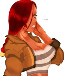 Rule 34 | 1girl, breasts, capcom, cleavage, dark-skinned female, dark skin, devil may cry, devil may cry (series), devil may cry 2, female focus, hair over one eye, large breasts, lucia (devil may cry), red hair, shirt, solo, striped clothes, striped shirt, white background
