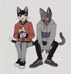 Rule 34 | 2boys, :3, animal crossing, animal ears, between legs, black eyes, black footwear, black fur, black nails, bob (animal crossing), body fur, cat boy, cat ears, cat tail, collared shirt, colored sclera, food, food on face, full body, furry, furry male, grey background, grey fur, grey hoodie, grey nails, grey pants, grey shirt, hand between legs, hands up, highres, holding, holding food, holding ice cream, hood, hood down, hoodie, ice cream, jitome, long sleeves, looking at another, male focus, multiple boys, nagabe, nail polish, nintendo, open mouth, original, pants, plaid, plaid shirt, punchy (animal crossing), purple footwear, purple fur, red sweater, shirt, shoes, sitting, sneakers, solo, sweater, tail, whiskers, yellow sclera