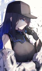 Rule 34 | 1girl, absurdres, bare shoulders, baseball cap, black gloves, black hat, black shirt, blue archive, blue eyes, blue hair, breasts, coat, commentary request, from side, gloves, hat, highres, large breasts, long hair, long sleeves, nodoameyatou, saori (blue archive), shirt, sleeveless, sleeveless shirt, solo, upper body, white coat