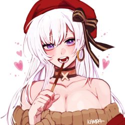 Rule 34 | 1girl, artist name, azur lane, bare shoulders, belfast (azur lane), belfast (shopping with the head maid) (azur lane), beret, blush, bow, breasts, cleavage, collarbone, earrings, food, hair between eyes, hair bow, hair ribbon, hat, heart, heart print, holding, holding food, holding pocky, hoop earrings, jewelry, large breasts, long hair, looking at viewer, magenta981114, open mouth, pocky, purple eyes, ribbon, solo, teeth, upper body, white background, white hair