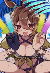 Rule 34 | 1girl, agnes tachyon (lunatic lab) (umamusume), agnes tachyon (umamusume), ahoge, animal ears, bikini, black bikini, black gloves, blush stickers, breasts, cleavage, commentary request, criss-cross halter, crossed legs, food, gloves, hair between eyes, halterneck, highres, holding, holding food, holding popsicle, horse ears, horse girl, jacket, kii-kun (agnes tachyon) (umamusume), looking at viewer, machiya tako, medium breasts, navel, official alternate costume, open clothes, open jacket, open mouth, popsicle, red eyes, short hair, single glove, sweat, swimsuit, test tube, tied jacket, umamusume