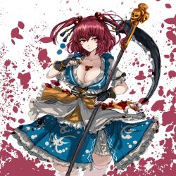 Rule 34 | 1girl, alternate weapon, belt, bloomers, blue dress, breasts, bridal gauntlets, cleavage, coin, collarbone, dress, female focus, hair bobbles, hair ornament, large breasts, looking at viewer, obi, onozuka komachi, panzer (p.z), puffy sleeves, red eyes, red hair, sash, scythe, short sleeves, skull, solo, touhou, twintails, two side up, underwear, weapon