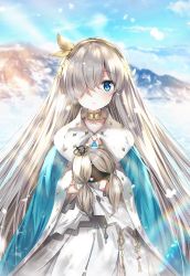 Rule 34 | 1girl, anastasia (fate), blue eyes, blue sky, blurry, blush, choker, cloud, collarbone, crown, day, depth of field, doll, hugging doll, dress, ero waifu, fate/grand order, fate (series), hair between eyes, hair over one eye, hair ribbon, hairband, jewelry, lens flare, long hair, looking at viewer, mini crown, mountain, hugging object, outdoors, pendant, ribbon, robe, silver hair, sky, snowing, solo, very long hair, white dress