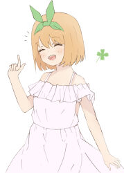 Rule 34 | 1girl, bare shoulders, closed eyes, commentary request, dress, go-toubun no hanayome, green hairband, green ribbon, hairband, hand up, highres, index finger raised, nakano yotsuba, nekohood, open mouth, orange hair, ribbon, short hair, simple background, solo, teeth, upper body, upper teeth only, white background, white dress