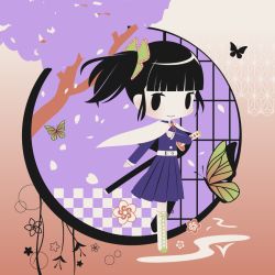 Rule 34 | 1girl, black eyes, black hair, blunt bangs, blush, boots, bug, butterfly, chibi, closed mouth, cobalta, cross-laced footwear, insect, kimetsu no yaiba, lace-up boots, looking at viewer, pleated skirt, purple skirt, sheath, sheathed, short hair, short ponytail, side ponytail, sidelocks, skirt, smile, solo, sword, thigh boots, thighhighs, tsuyuri kanao, weapon, white footwear