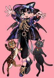 Rule 34 | 1boy, black cat, black footwear, black hair, black headwear, black jacket, black pants, bloodypepper, cat, chain, copyright request, full body, grey eyes, hat, highres, jacket, jewelry, looking at viewer, pants, parted lips, pink background, ring, shoes, short hair, simple background, skull, smile, standing, twitter username, witch hat