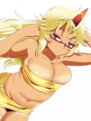 Rule 34 | 1girl, :o, alternate costume, armpits, arms up, bad id, bad pixiv id, belly, bespectacled, blonde hair, breasts, bursting breasts, cleavage, curvy, glasses, horns, hoshiguma yuugi, hyudora, large breasts, long hair, navel, parted lips, plump, red eyes, semi-rimless eyewear, simple background, single horn, solo, strapless, tan, tanline, touhou, tube top, white background, yellow theme