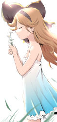 Rule 34 | 1girl, blue dress, closed eyes, closed mouth, dress, female focus, floating hair, flower, from side, granblue fantasy, grass, hairband, highres, long hair, oni b, orange hair, outdoors, profile, sara (granblue fantasy), smelling flower, smile, solo, sunlight, upper body, white background, wind
