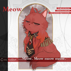 Rule 34 | animal, animalization, april fools, black necktie, cat, closed mouth, clothed animal, diluc (cat) (genshin impact), diluc (genshin impact), english text, genshin impact, logo, looking at viewer, necktie, official art, red eyes, simple background, solo, tassel, whiskers