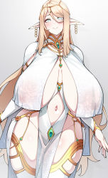 Rule 34 | 1girl, absurdres, blonde hair, breasts, covered erect nipples, curvy, earrings, elf, elf princess (konoshige), gigantic breasts, gradient background, grey background, hair between eyes, highres, jewelry, konoshige (ryuun), large areolae, long hair, long pointy ears, looking at viewer, original, pelvic curtain, pointy ears, revealing clothes, see-through, smile, solo, thick thighs, thighhighs, thighs, very long hair, wide hips
