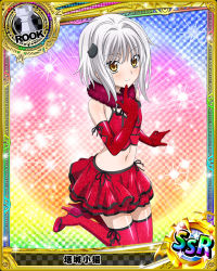 Rule 34 | 10s, 1girl, blush, boots, card (medium), cat hair ornament, chess piece, crop top, elbow gloves, finger to own chin, gloves, hair ornament, high heel boots, high heels, high school dxd, jpeg artifacts, looking at viewer, midriff, navel, official art, red footwear, red gloves, red theme, red thighhighs, rook (chess), scarf, shiny skin, silver hair, skirt, smile, solo, thigh boots, thighhighs, toujou koneko, trading card, yellow eyes, zettai ryouiki