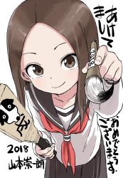 Rule 34 | 10s, 1girl, 2018, black sailor collar, black skirt, brown eyes, brown hair, calligraphy brush, chinese zodiac, closed mouth, commentary request, forehead, happy new year, highres, holding, karakai jouzu no takagi-san, long hair, long sleeves, looking at viewer, neckerchief, new year, paintbrush, parted bangs, pleated skirt, red neckerchief, sailor collar, school uniform, serafuku, shirt, simple background, skirt, smile, solo, takagi-san, translation request, white background, white shirt, yamamoto souichirou, year of the dog