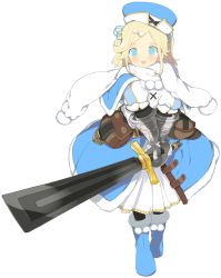 Rule 34 | 1girl, armor, blue eyes, boots, bow, dress, full body, greaves, grimms notes, hair bow, hat, holding, holding sword, holding weapon, looking at viewer, open mouth, scarf, simple background, solo, swept bangs, sword, weapon, white background, yaegashi nan