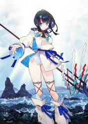 Rule 34 | 1girl, bare shoulders, black hair, blue eyes, blue ribbon, blunt bangs, breasts, closed mouth, dress, fate/grand order, fate/requiem, fate (series), fundoshi, japanese clothes, jewelry, looking at viewer, looking back, magatama, medium breasts, medium hair, multicolored hair, necklace, noco (adamas), ocean, official art, pelvic curtain, pink hair, polearm, ribbon, seigaiha, short dress, sideboob, sidelocks, smile, spear, streaked hair, thigh strap, thighs, two-sided fabric, two-sided skirt, utsumi erice, waves, weapon, white dress, white legwear