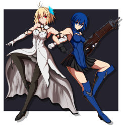 Rule 34 | 2girls, absurdres, arcueid brunestud, blonde hair, blue dress, blue eyes, blue hair, boots, breasts, ciel (tsukihime), closed mouth, dress, frown, full body, gloves, highres, looking at viewer, medium breasts, multiple girls, pantyhose, pile bunker, powered ciel, red eyes, short hair, sleeveless, sleeveless dress, smile, thigh boots, tsukihime, tsukihime (remake), weapon, zeon132