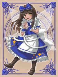 Rule 34 | 1girl, :d, aoiueo12, back bow, blue bow, blue dress, blunt bangs, blush, boots, bow, brown eyes, brown hair, commentary request, dress, fairy wings, frilled bow, frilled shirt collar, frills, full body, hair bow, hands up, highres, interlocked fingers, long hair, looking at viewer, open mouth, own hands together, simple background, smile, solo, star (symbol), star print, star sapphire, tan, touhou, very long hair, white bow, wings, wrist cuffs