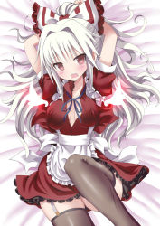 Rule 34 | 1girl, alternate costume, arms behind head, bed sheet, black thighhighs, bow, breasts, cleavage, enmaided, fujiwara no mokou, garter straps, givuchoko, hair bow, hair ribbon, highres, long hair, looking at viewer, lying, maid, on back, red eyes, ribbon, solo, thighhighs, touhou, white hair
