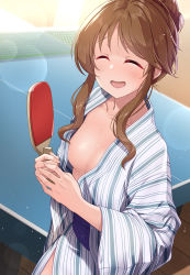 Rule 34 | 1girl, areola slip, bath yukata, blush, breasts, brown eyes, brown hair, collarbone, commentary request, hair bun, highres, holding, idolmaster, idolmaster cinderella girls, indoors, japanese clothes, kimono, long hair, mk (mod0), no bra, open clothes, open mouth, paddle, sidelocks, single hair bun, small breasts, smile, solo, sweat, table tennis, table tennis net, table tennis paddle, takamori aiko, yukata