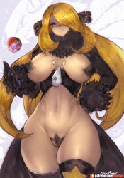 Rule 34 | 00s, 1girl, black thighhighs, blonde hair, blush, breasts, brown eyes, closed mouth, creatures (company), curvy, cynthia (pokemon), detached sleeves, game freak, garchomp, gen 4 pokemon, girlsay, hair ornament, hair over one eye, highres, large breasts, long hair, looking at viewer, naughty face, navel, nintendo, pasties, poke ball, pokemon, pokemon (creature), pokemon dppt, shiny skin, smile, solo, standing, stomach, thick thighs, thighhighs, thighs, very long hair, wide hips