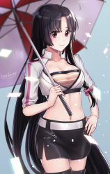 Rule 34 | 1girl, adapted costume, ahoge, alternate costume, black hair, black skirt, black thighhighs, breasts, brown eyes, cleavage, crop top, from side, highres, holding, holding umbrella, kantai collection, long hair, looking at viewer, medara, medium breasts, midriff, navel, race queen, shouhou (kancolle), signature, skirt, smile, solo, standing, thighhighs, umbrella, very long hair