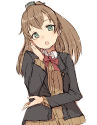 Rule 34 | 1girl, alchera, blazer, bow, bowtie, brown hair, brown jacket, cardigan, green eyes, hair ornament, hairclip, hand on own face, jacket, kantai collection, kumano (kancolle), long hair, orange bow, orange bowtie, ponytail, simple background, solo, upper body, white background