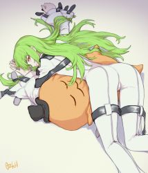 Rule 34 | 1girl, ass, bodysuit, c.c., cheese-kun, code geass, from behind, green hair, grey background, long hair, looking at viewer, looking back, ozkh, parted lips, smile, solo, straitjacket, very long hair, yellow eyes
