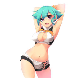 Rule 34 | 10s, 1girl, aquarion (series), aquarion evol, armpits, arms behind head, bad id, bad pixiv id, breasts, cleavage, cleavage cutout, clothing cutout, female focus, green hair, koflif, large breasts, no panties, purple eyes, revealing clothes, short hair, short shorts, shorts, side-tie shorts, simple background, solo, white background, wide hips, zessica wong