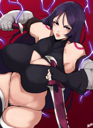 Rule 34 | 1girl, absurdres, alecto 0, artist name, bandaged arm, bandages, bare shoulders, black panties, black thighhighs, breasts, cleavage, cosplay, dagger, dual wielding, dutch angle, fate/grand order, fate (series), gloves, highres, holding, holding dagger, holding knife, holding weapon, huge breasts, jack the ripper (fate/apocrypha), jack the ripper (fate/apocrypha) (cosplay), knife, long hair, looking at viewer, minamoto no raikou (fate), panties, parted bangs, parted lips, purple eyes, purple hair, shoulder tattoo, single glove, tattoo, thighhighs, underwear, weapon