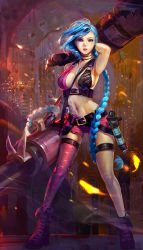 Rule 34 | 1girl, 7253174, alternate breast size, bad id, bad pixiv id, blue hair, boots, braid, breasts, gun, huge breasts, jinx (league of legends), large breasts, league of legends, long hair, pink eyes, rabbit (tukenitian), short shorts, shorts, tattoo, twin braids, very long hair, weapon