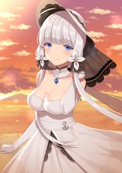 Rule 34 | 1girl, ahoge, anchor symbol, armlet, azur lane, bare shoulders, beach, blue eyes, blue gemstone, blush, breasts, choker, cleavage, closed mouth, cloud, collarbone, dress, elbow gloves, floating hair, gem, gloves, hair ornament, hair ribbon, hand up, hat, highres, illustrious (azur lane), izumo neru, jewelry, lace-trimmed hat, lace trim, large breasts, long hair, looking at viewer, low twintails, mole, mole under eye, ocean, orange sky, outdoors, pendant, ribbon, sidelocks, sky, smile, solo, strapless, strapless dress, sun hat, sunset, tress ribbon, twintails, upper body, white dress, white gloves, white hair, white hat