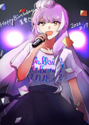 Rule 34 | 1girl, black skirt, blue hair, breasts, brown eyes, collarbone, cosplay, dated, happy birthday, heart, highres, holding, holding microphone, junna (singer), junna (singer) (cosplay), looking at viewer, macross, macross delta, medium breasts, microphone, mikumo guynemer, multicolored hair, purple hair, shima (delta kb), shirt, shirt tucked in, skirt, smile, solo, space, streaked hair, white shirt