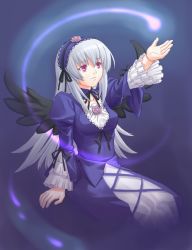 Rule 34 | 00s, 1girl, black dress, black wings, cross-laced clothes, dress, flower, frilled sleeves, frills, ghost, hairband, lolita hairband, long hair, long sleeves, outstretched arm, pink eyes, rose, rozen maiden, silver hair, sitting, smile, solo, suigintou, very long hair, wings